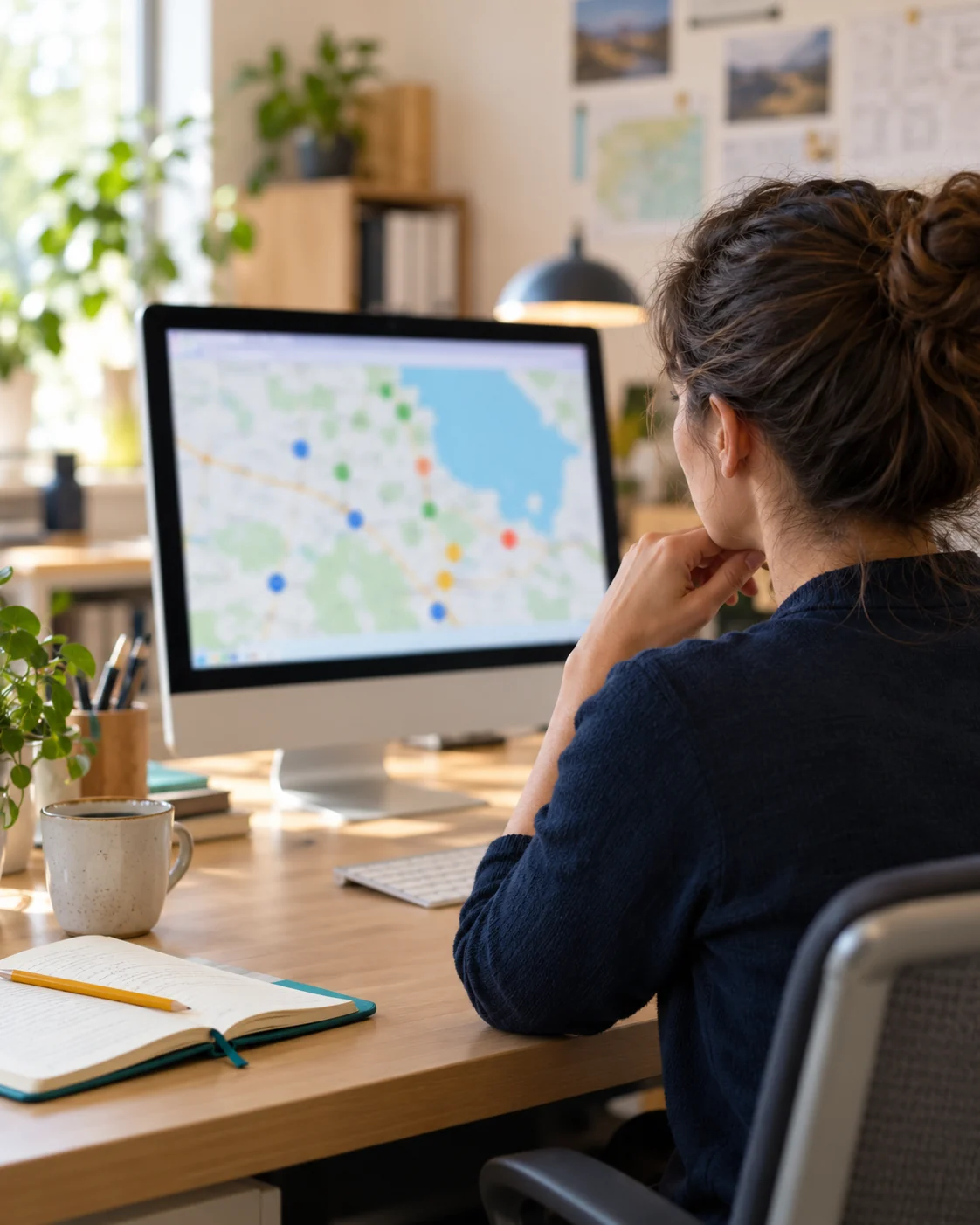 Illustrative office scene: a coordinator reviewing a map on a desktop computer.